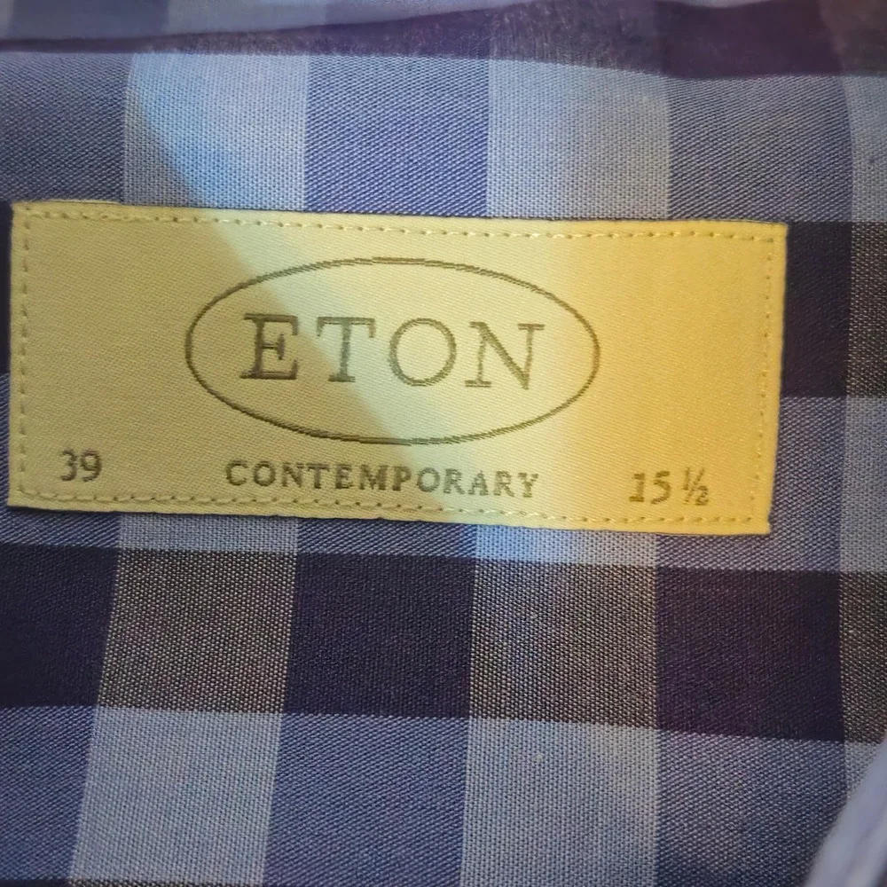 Eton Dress Shirt Mens 15.5 Blue‎ Gingham Check Contemporary Fit Long Sleeve M